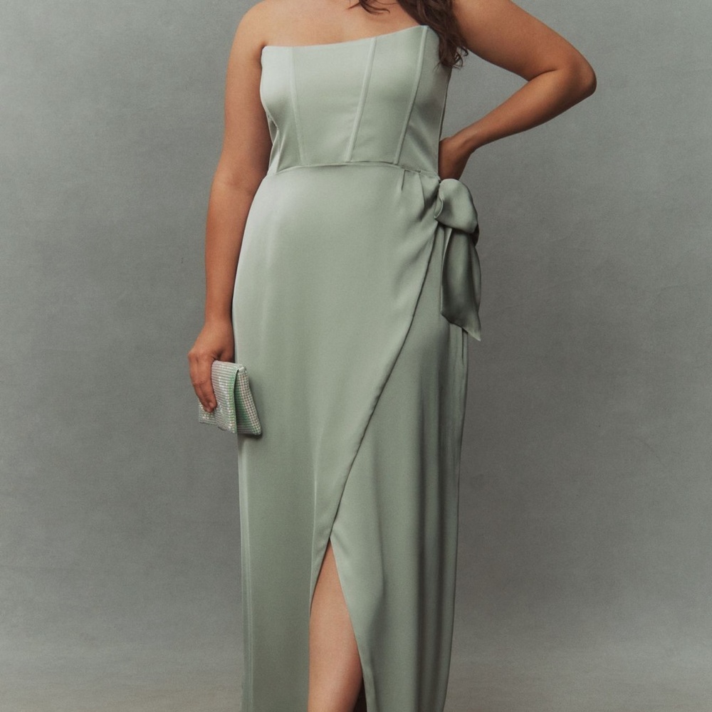 V Chapman June Corset Elegant Strapless Satin Dress in Sage Green - Picture 5 of 15